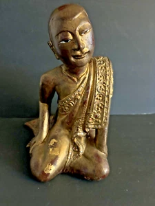 19th Century Mandalay Burmese Carved Wooden Monk ~ Sariputta ~ 12" - Picture 1 of 9