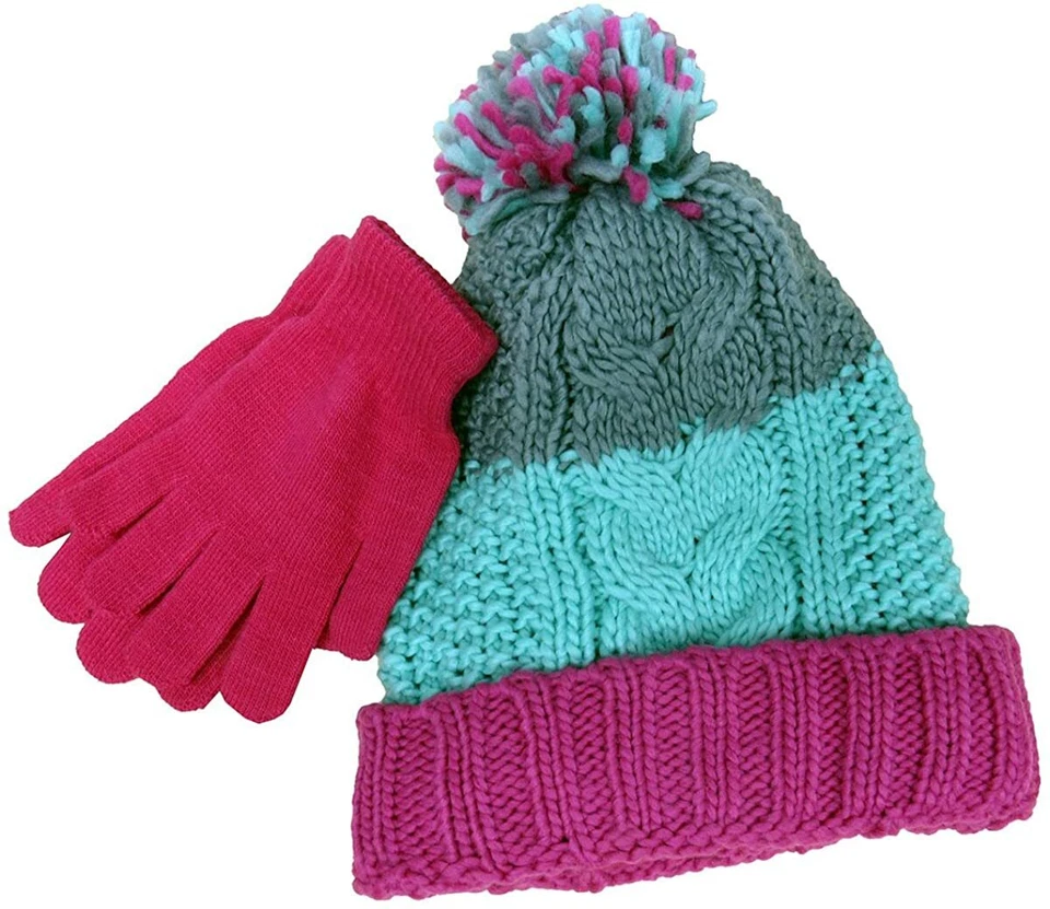Berkshire Little Girls' 2-Pc winter set Knitted Hat Gloves Set Pink Aqua