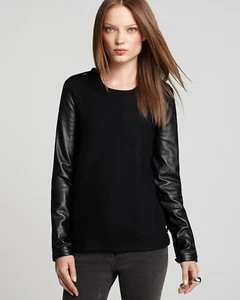 AUTHENTIC Burberry Black Wool Leather Sleeves Sweater Medium - Picture 1 of 6