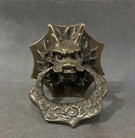 6" Antique style Folk Home Copper Fu Foo Dog Lion Lions Head Door Knocker Statue Cover
