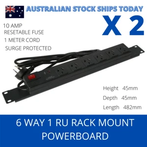 2 x Rack Mount PDU 19" Power board 6 Way GPO 1RU Strip Rail SPIKE 10A PROTECTED - Picture 1 of 4