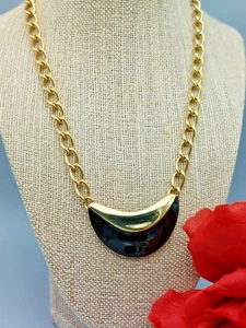 Signed VTG Monet Black & Gold Half Moon Necklace Heavy Flat Gold Chain 18" - Picture 1 of 7
