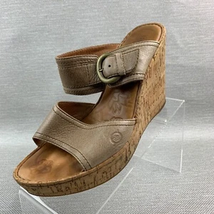 Born Sandals Tan Leather Open Round Toe Buckle Strap Platform Wedge Size 9 - Picture 1 of 12
