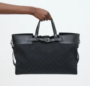 Gucci Large Black Canvas / Leather Tote Bag with Buckle Design - Picture 1 of 13