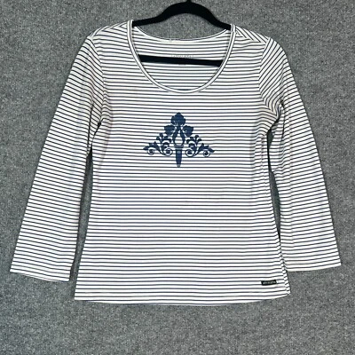 Camisa Athleta Mujer Pequeña Blanca Azul Rayas Rendimiento Elastizada 3/4 Slv Camiseta Foto 1 de 4