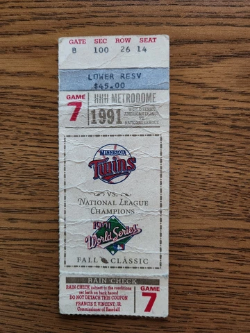 1991 World Series Game 7 Ticket Stub Minnesota Twins Atlanta Braves Jack Morris Cover