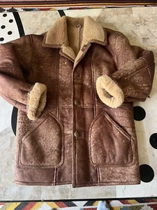 Vintage Shearling SheepSkin Shearling Marlboro Man SaltyBrown Coat Jacket L - Picture 1 of 13
