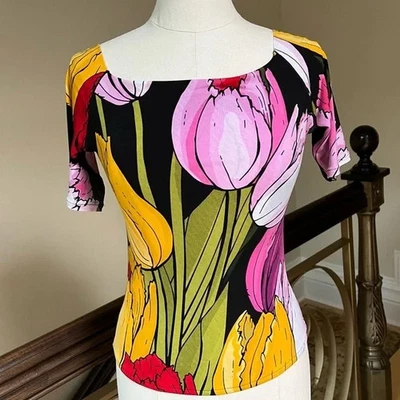 Новый с Ярлыками $150 Ева Варро цветочный тюльпан печать Bateau короткий рукав блузка футболка маленький S - Изображение 1 из 4