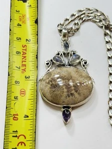 Large silver,coral,moonstones and amethyst pendant with 18inches chain-34 grams - Picture 1 of 7