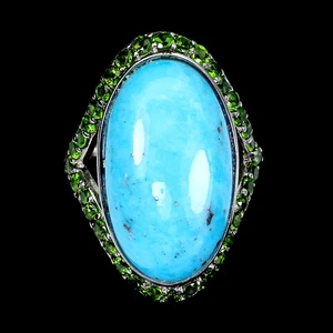 925 Sterling Silver Ring Oval Turquoise Chrome Diopside Gemstone Jewelry Size 7 - Picture 1 of 13
