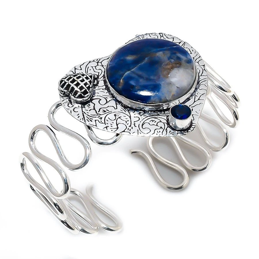 Браслет-манжета из серебра 925 пробы с содалитом и голубым топазом регулируемый R-3891 - Изображение 1 из 1