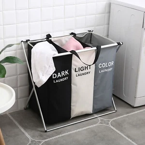 Large Laundry Basket 3 Section Foldable Dirty Clothes Hamper Storage Sorter Bag - Picture 1 of 17