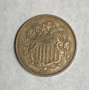 Escudo de níquel 1867 ~ Alto grado sin rayos ~ Antigua moneda de Estados Unidos ~ Envío gratuito - Imagen 1 de 10