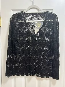 Knit Beaded Crochet Cardigan Jacket Blouse Black Top Sz S-M - Picture 1 of 8