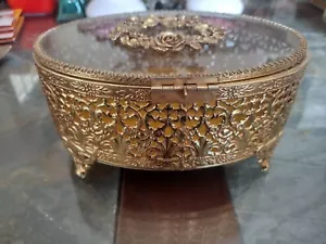 Filigree Ormolu Vetro Gioielli Corona di Rosa Foderata Scatola Vanità - Foto 1 di 12