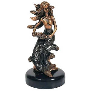 Meerjungfrau hält Perlen mit Edelstein Halskette Statue Bronzefarbe 7" große Figur - Bild 1 von 17