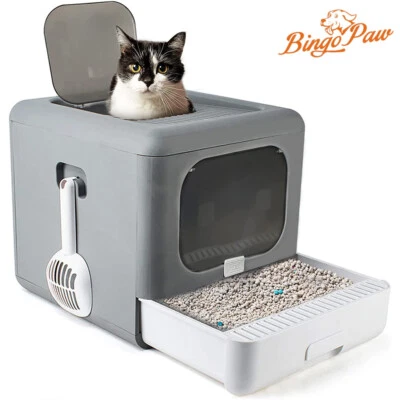 BINGOPAW Groß Katzentoilette XXL Katzenklo mit Hauben Katzen WC mit Schaufel Filter Grau