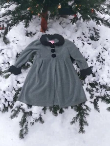 Girls Fleece Formal Gray Coat Black Velour Contrast Details Church Coat Size 6X - Picture 1 of 9