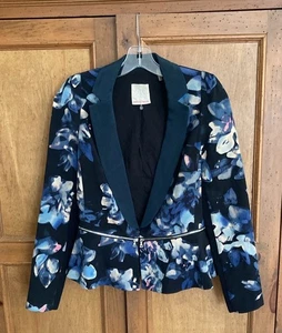 Rebecca Taylor Hawaii Reißverschluss Seide Schößchen Blazer Jacke Größe 6 Marine Schwarz Reißverschlüsse - Bild 1 von 10