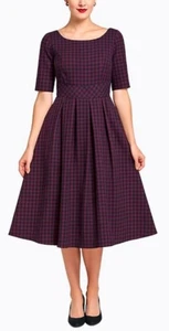 ModCloth Vintage Inspired Midi Dress Navy Red Plaid Size M 1950s Lined Pockets - Picture 1 of 9
