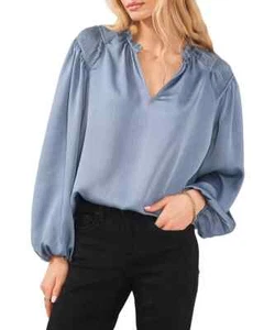 Women’s Silky Pleated Balloon Sleeve Blouse Keyhole Neckline Sm Blue NWT $109 - Picture 1 of 5