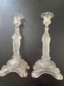 Vtg French Pressed Glass Frosted Religious Madonna and Jesus Candlesticks - Picture 1 of 18