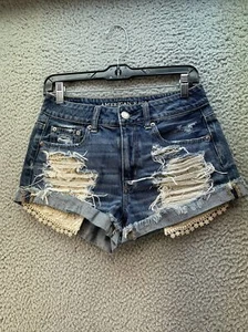 American Eagle Outfitters hohe Leibhöhe Festival Shorts Größe 2 Denim abgeschnitten Spitze - Bild 1 von 16