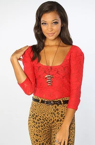 $118 Free People Red Lace X-Back 3/4 Length Sleeve Top M - Picture 1 of 5