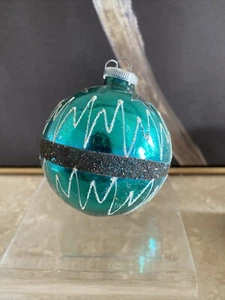 Vtg Teal Gr Christmas Ornament West Germany DBGM Pulse Lines W Black Mica Stars - Picture 1 of 12