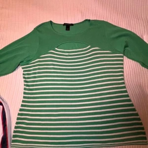 Ashley Stewart Peek-A-Boo Green & White Striped Lightweight Casual LS Sweater-26 - Picture 1 of 8