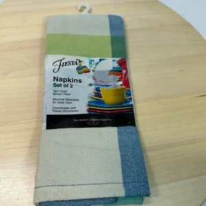 2 Fiestaware Dinnerware Napkins Homer Laughlin Company Blue Green Plaid New - Picture 1 of 4