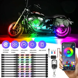 10PCS Motorcycle RGB LED Strip Light Under Glow Neon Kit Bluetooth APP Control - Picture 1 of 9