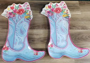 Juego de 2 Botas Vaqueras Mujer Pioneer Plato para Servir Floral Azul Melamina Nuevo - Imagen 1 de 10