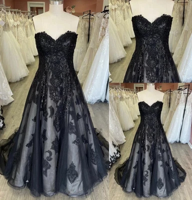 Gothic Black Plus Size Wedding Dress Strapless Lace Applique A Line Bridal Gown - Image 1 of 4