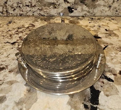 Vintage Set 6 Silver Plated Coasters Ornate Embossed Design Matching Caddy - Image 1 of 4