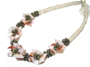 Hawaiian Jewelry Pink Everlasting Shell With Green Mongo Raffia Necklace (QTY 2) - Picture 1 of 1