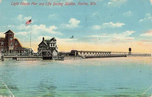 RACINE WI LIGHT HOUSE PIER AND LIFE SAVING STATION 1910 POSTCARD 091024 T - Picture 1 of 2