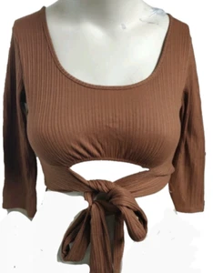 B. WEAR Women Jrs Brown Ribbed Tie Front Crop Top Stretch size L #XO - Picture 1 of 4