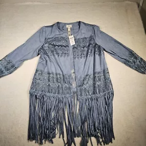 Chico's Sweater Size 2 Blue Faux Suede Western Cowgirl Fringe Lace Open Jacket - Picture 1 of 7