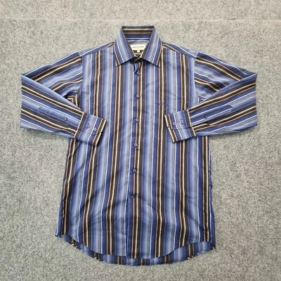 Camisa Pierre Cardin Hombre PEQUEÑA Azul Botón Manga Larga Rayas 14.5 Talla S Foto 1 de 4