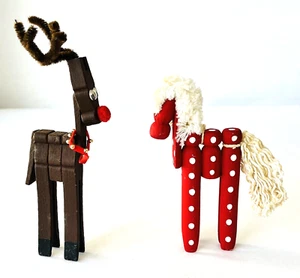 2 Christmas Ornaments Handmade from Old Clothespins Rudolph Reindeer & Red Horse - Picture 1 of 4