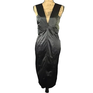 Blaque Label Sz Large Black Pencil Midi Dress Deep Plunge Satin Coquette Formal - Picture 1 of 16