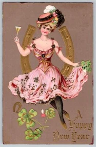 1909 HAPPY NEW YEAR PRETTY WOMAN HORSESHOE CHAMPAGNE GLASS SHAMROCK POSTCARD #2 - Picture 1 of 2