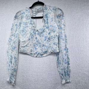 Free People Floral Crop Top Blouse Ruffle Trim Long Sleeve Sheer Boho Women's - Picture 1 of 16