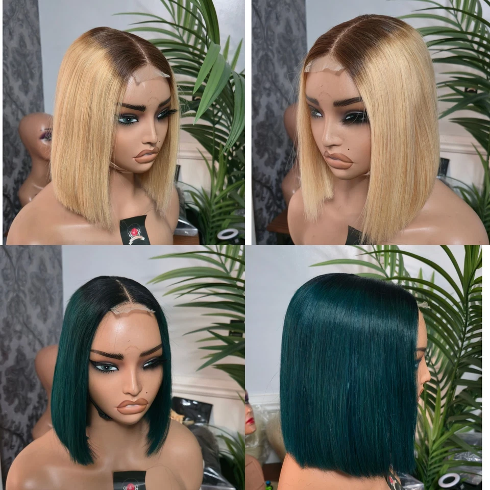 Glueless 2x6 Lace Peruvian Human Hair 10inches Bob  Wig In 1b/green and #4/613 - Image 1 of 1