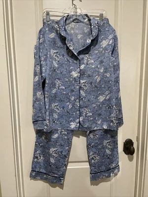 Conjunto de 2 piezas de pijama de algodón floral azul Talbots L/S top y pantalón para mujer pequeño Foto 1 de 4