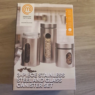 Master Chef 3 piece stainless steel and glass canister set - Image 1 of 4
