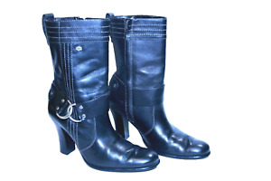 Harley Davidson Women Black Leather Boots Side Zip Motorcycle High Heels Sz 7.5