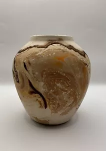 Vintage Nemadji Clay Pottery Vase Beige w Brown Orange Swirl Pattern USA - Picture 1 of 9