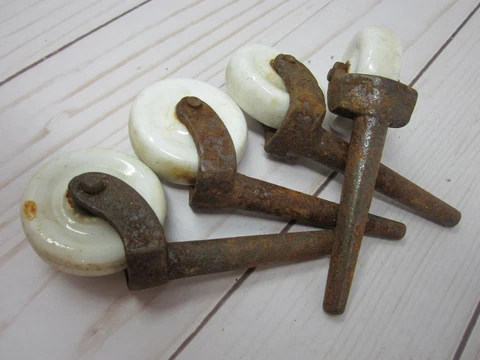 Antique Casters Wheels Matched Set of Four White Porcelain 2" Diam w/ 2.5" Shank Cover